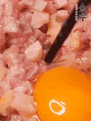 豬肉末、咸肉丁，分次加蔥姜水，一勺糖、一丟白胡椒，春筍丁，打入一個雞蛋